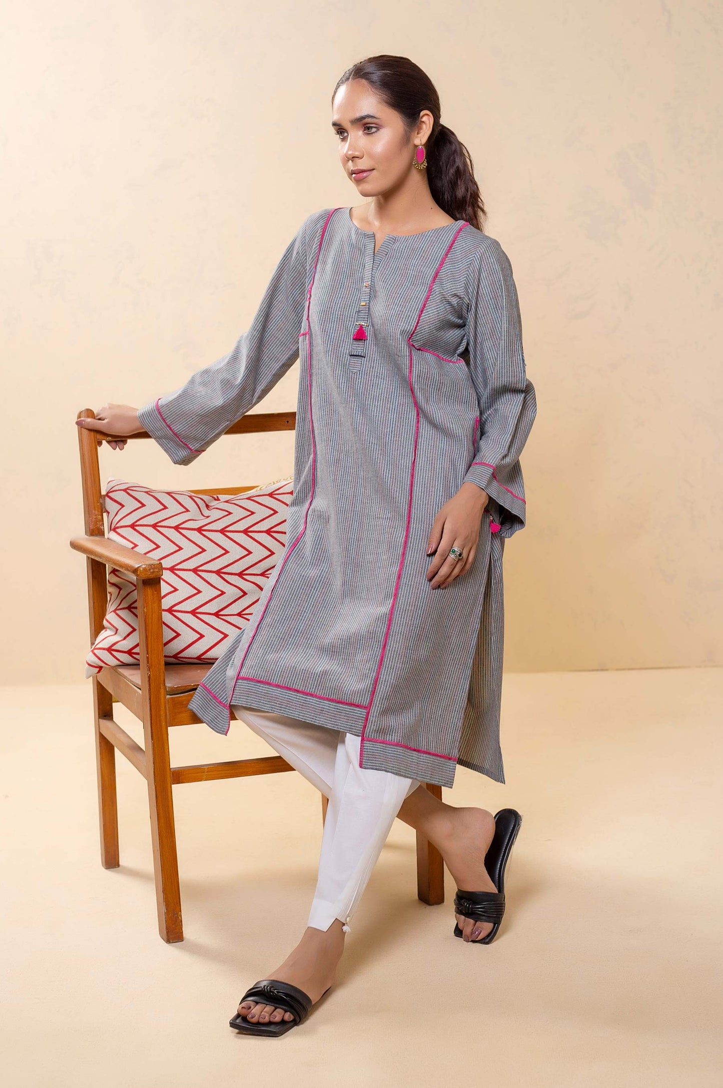 Stitched 1 Piece Embellished Yarn Dyed Striped Top