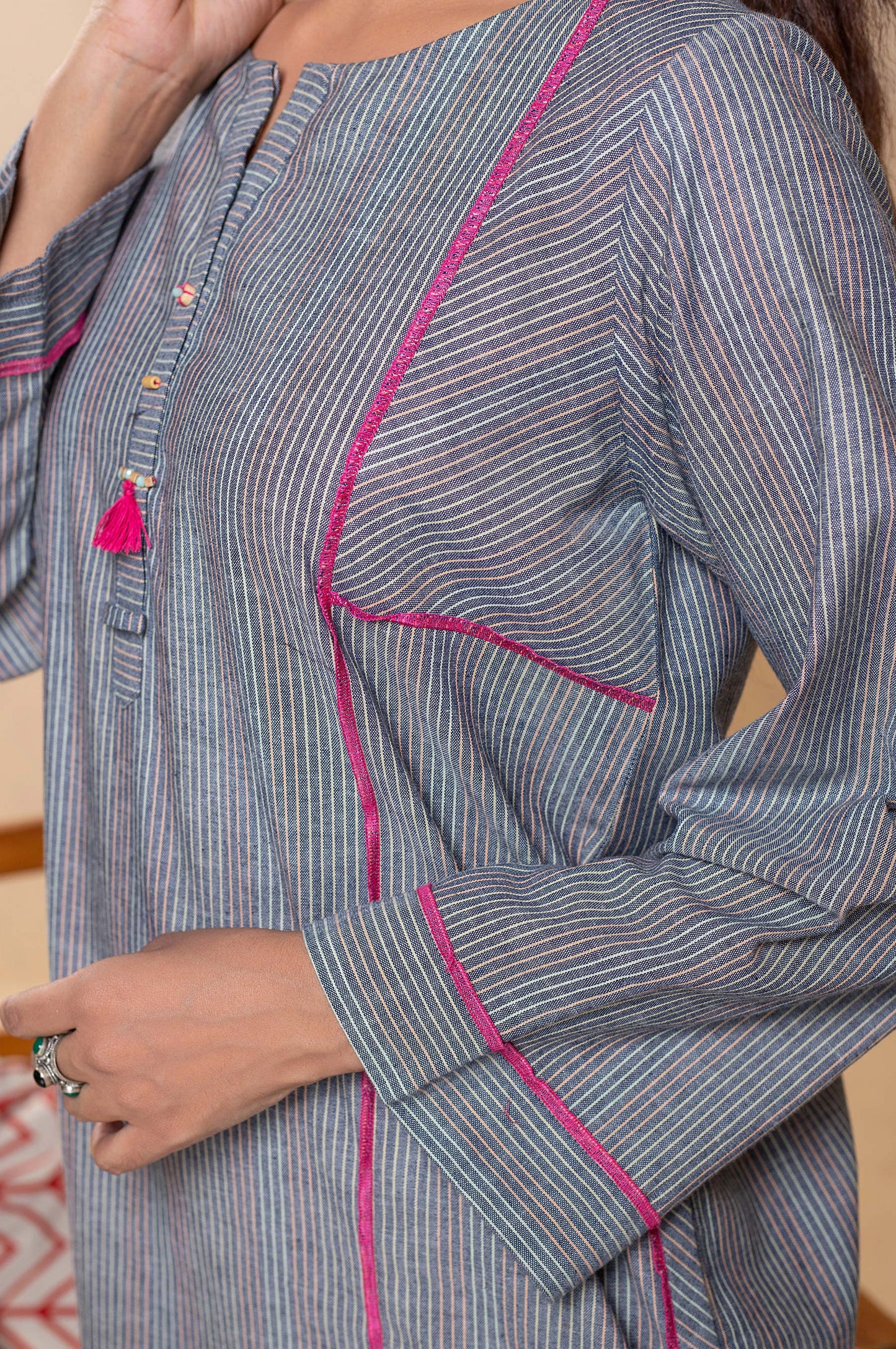 Stitched 1 Piece Embellished Yarn Dyed Striped Top