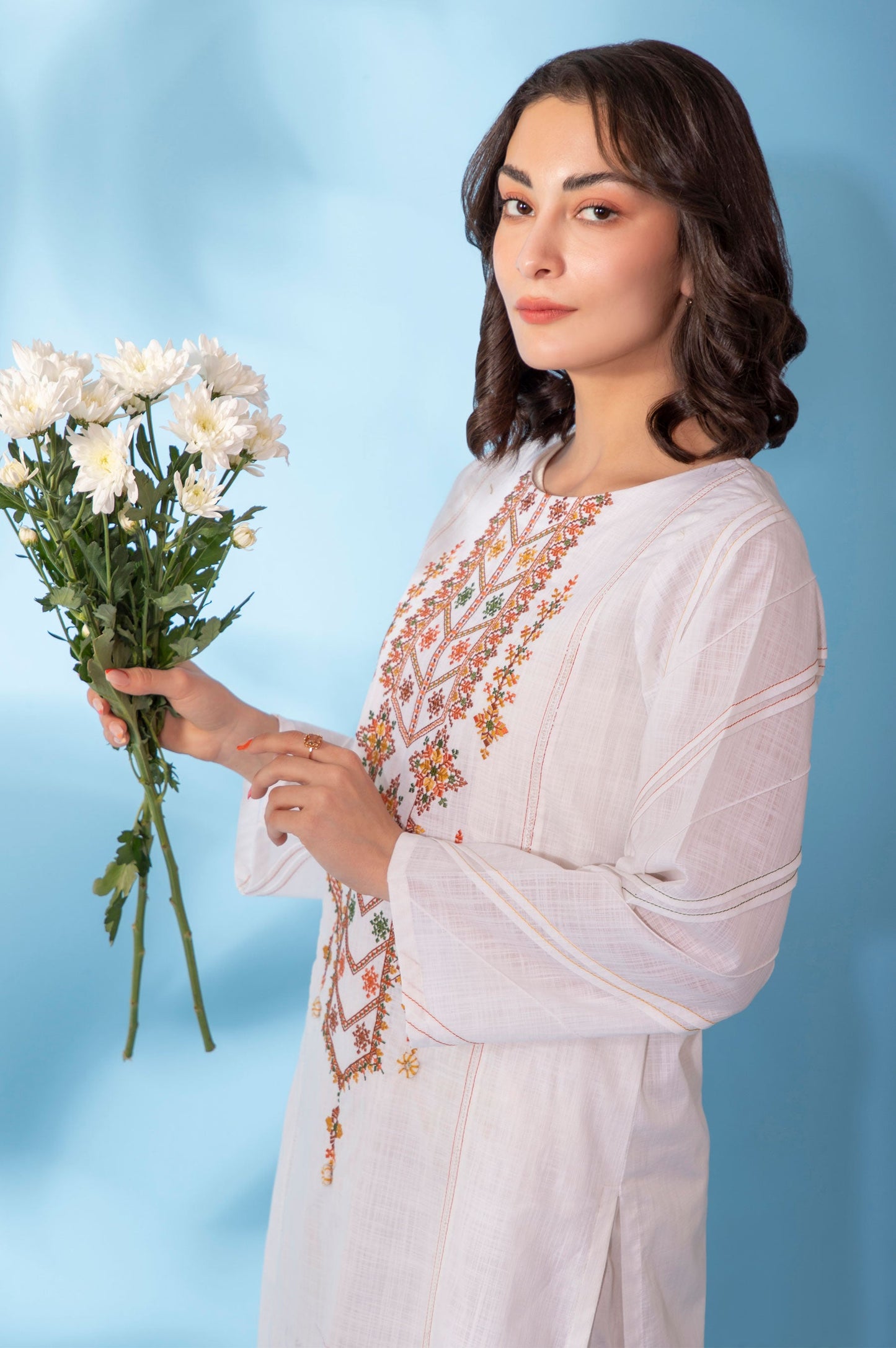 Stitched 1 Piece Embroidered Cotton Slub Shirt