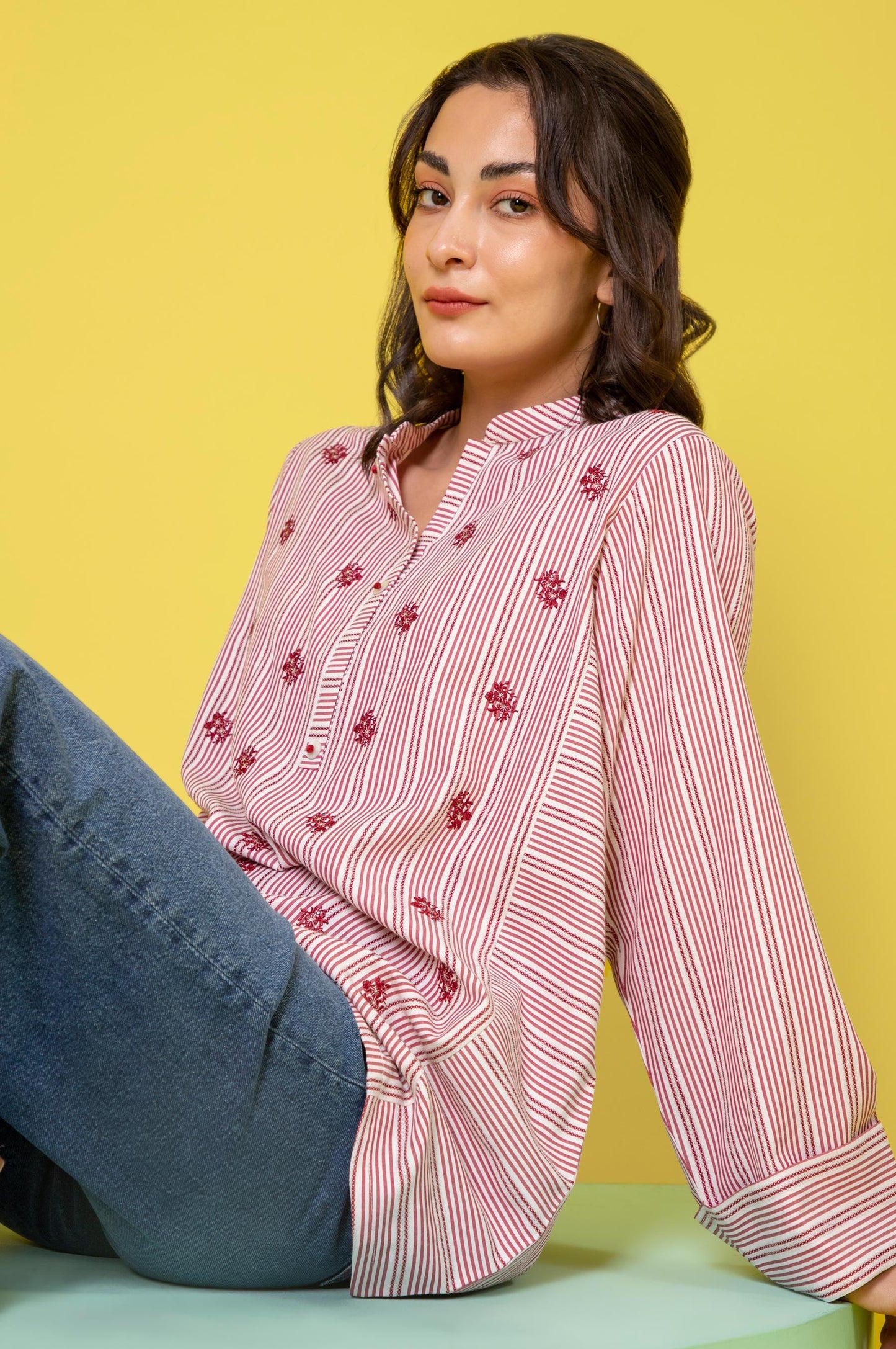 Stitched 1 Piece Embroidered Yarn Dyed Shirt