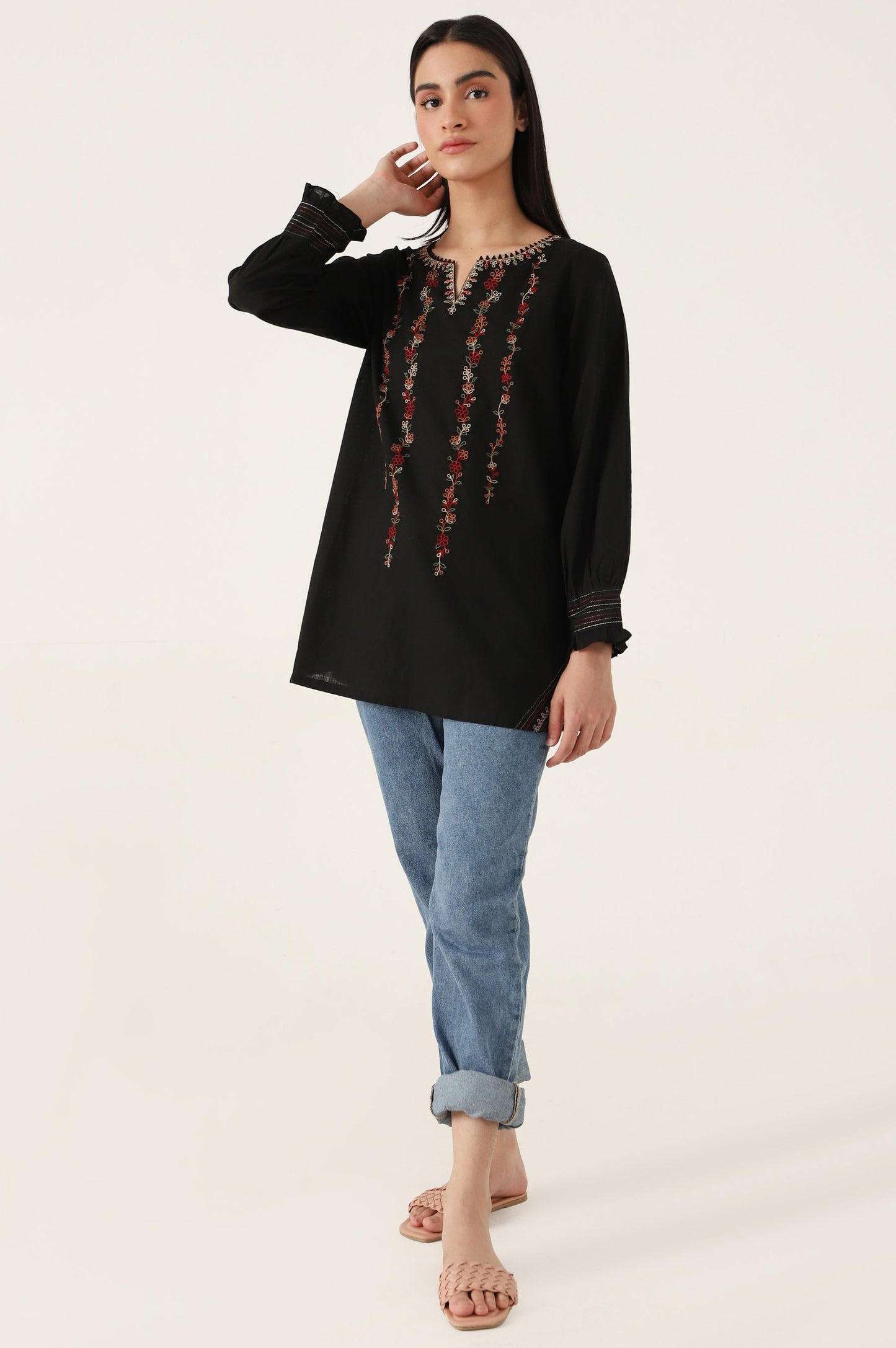 Stitched 1 Piece Embroidered Cotton Slub Top