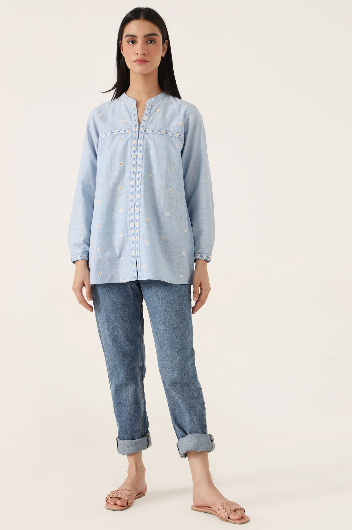 Stitched 1 Piece Embroidered Cotton Slub Top