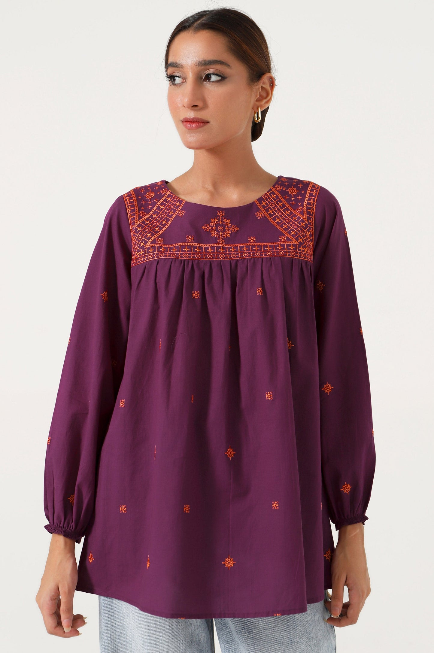 Stitched 1 Piece Embroidered Cambric Fusion Top