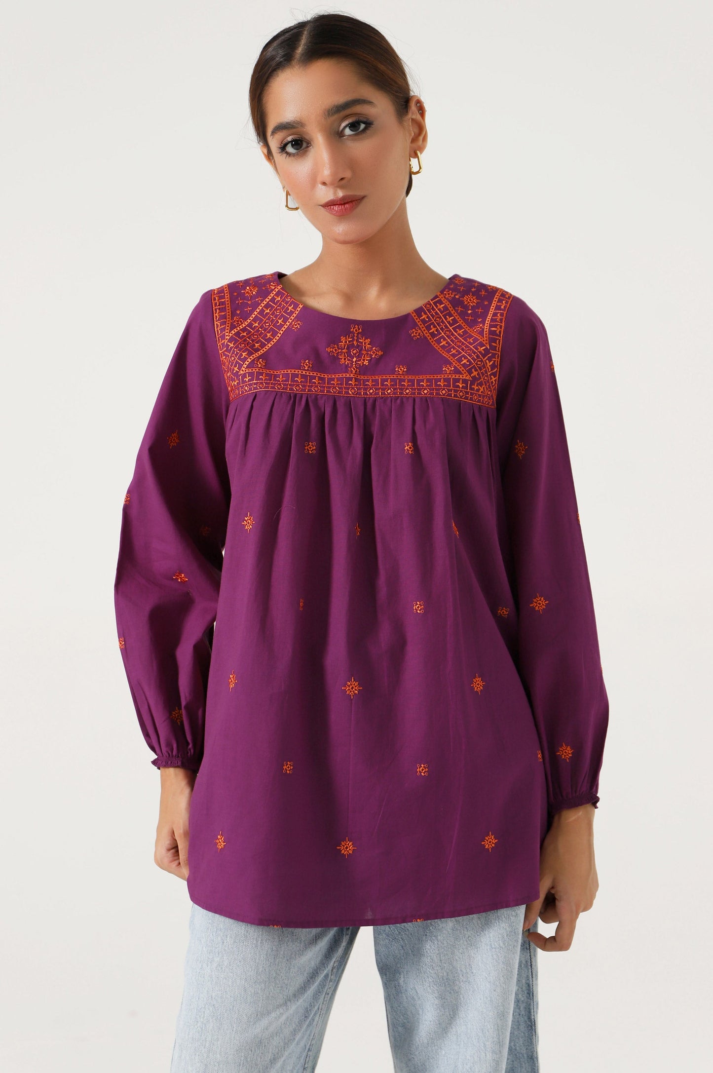 Stitched 1 Piece Embroidered Cambric Fusion Top