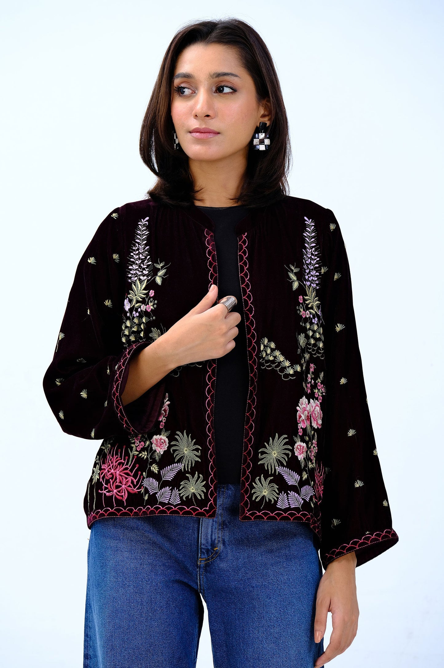 Stitched 1 Piece Embroidered Velvet Jacket