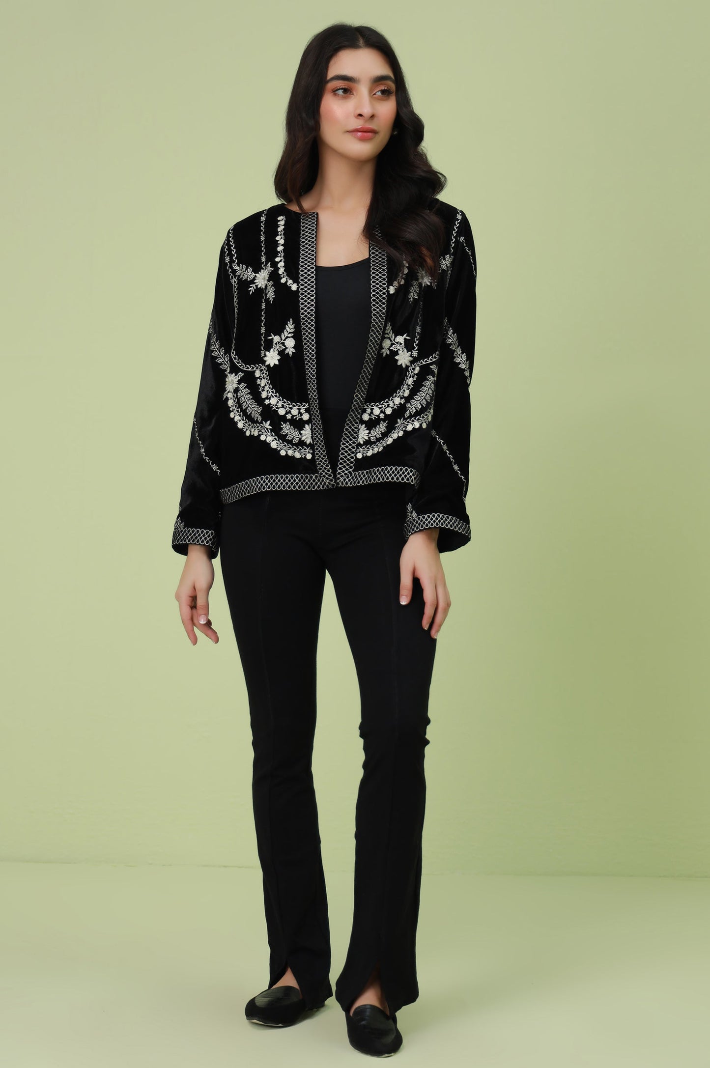 Stitched 1 Piece Embroidered Velvet Jacket - Black