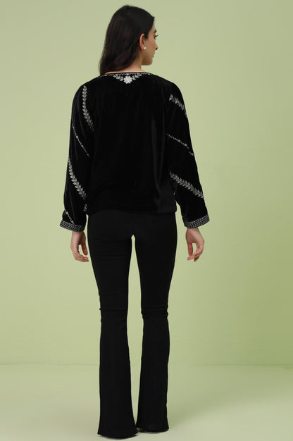 Stitched 1 Piece Embroidered Velvet Jacket - Black