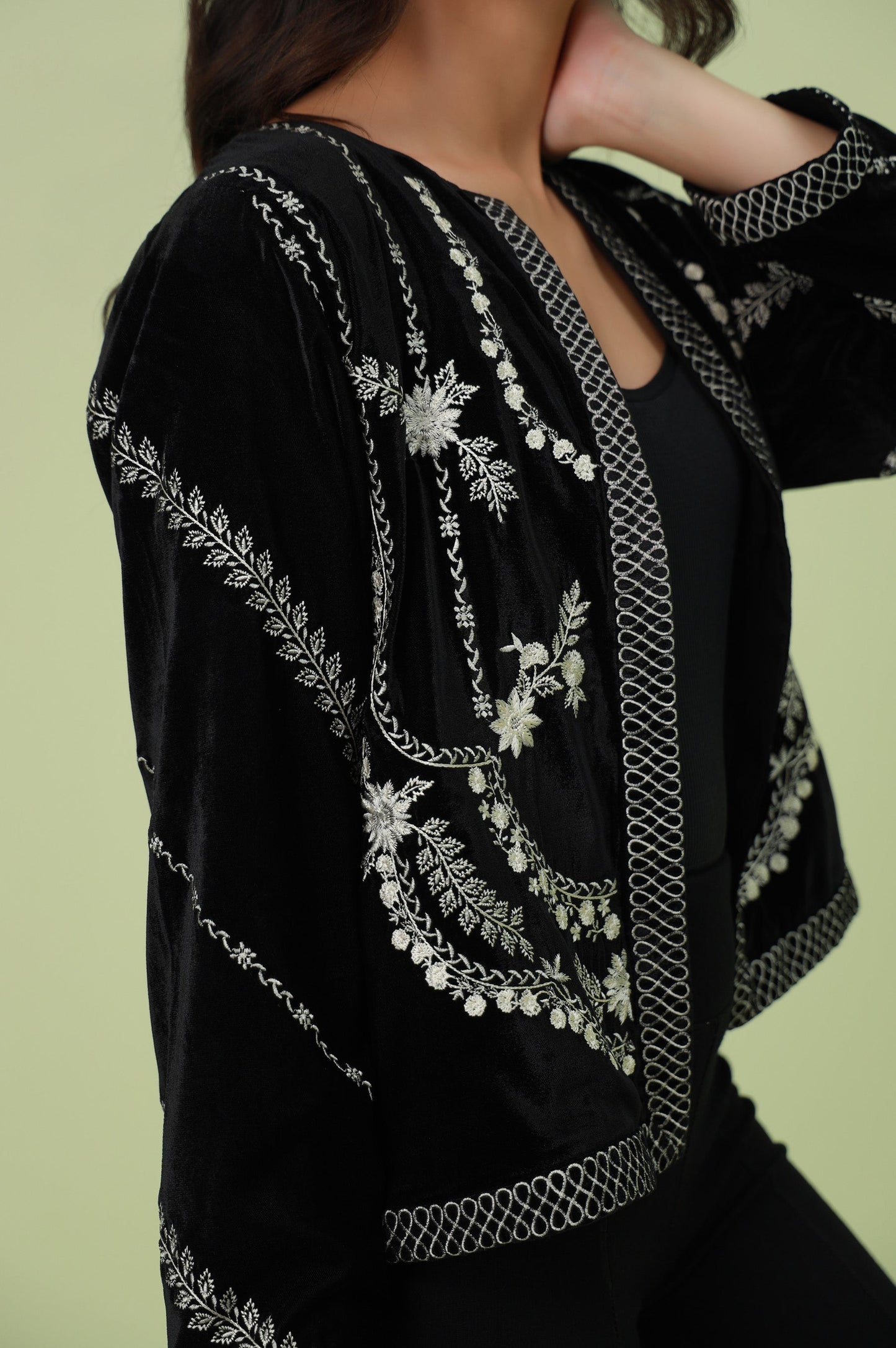 Stitched 1 Piece Embroidered Velvet Jacket - Black