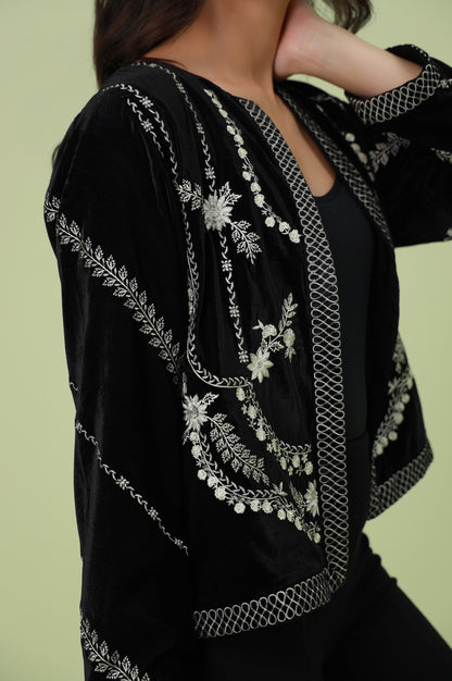 Stitched 1 Piece Embroidered Velvet Jacket - Black