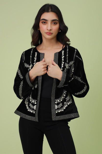 Stitched 1 Piece Embroidered Velvet Jacket - Black