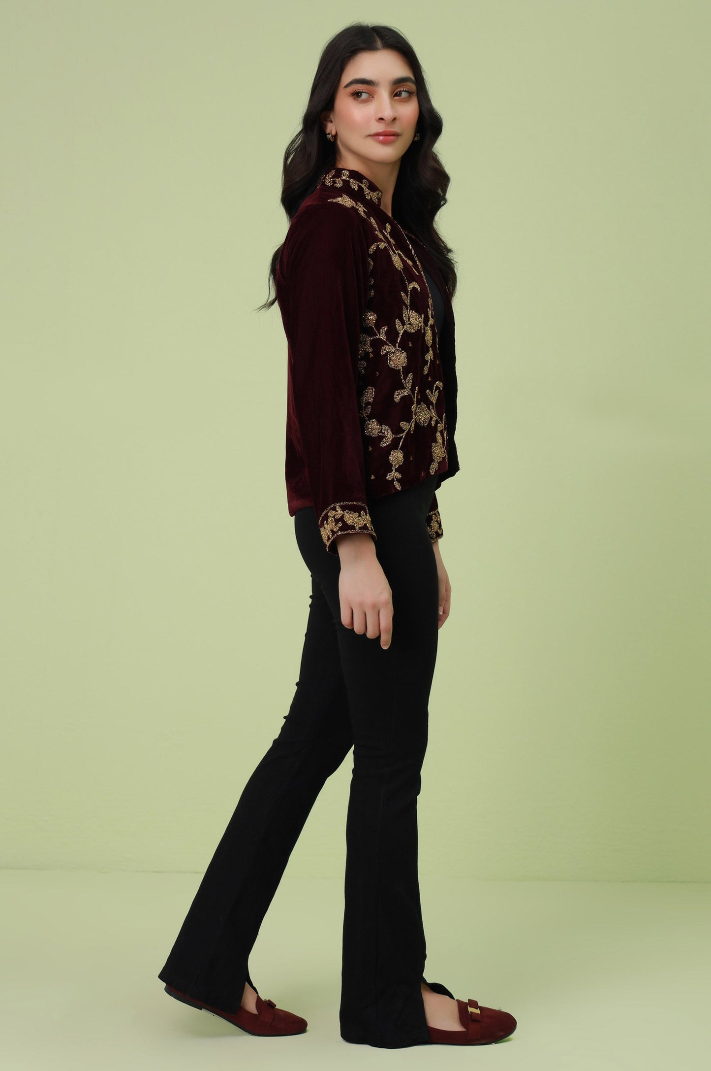 Stitched 1 Piece Embroidered Velvet Jacket - Purple