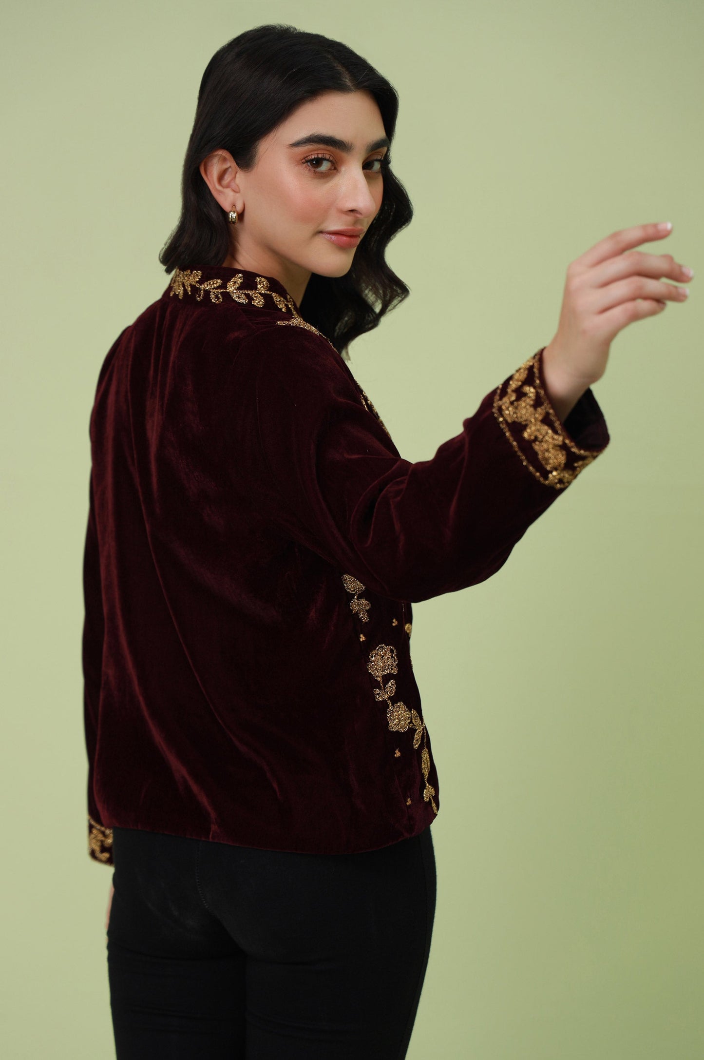 Stitched 1 Piece Embroidered Velvet Jacket - Purple