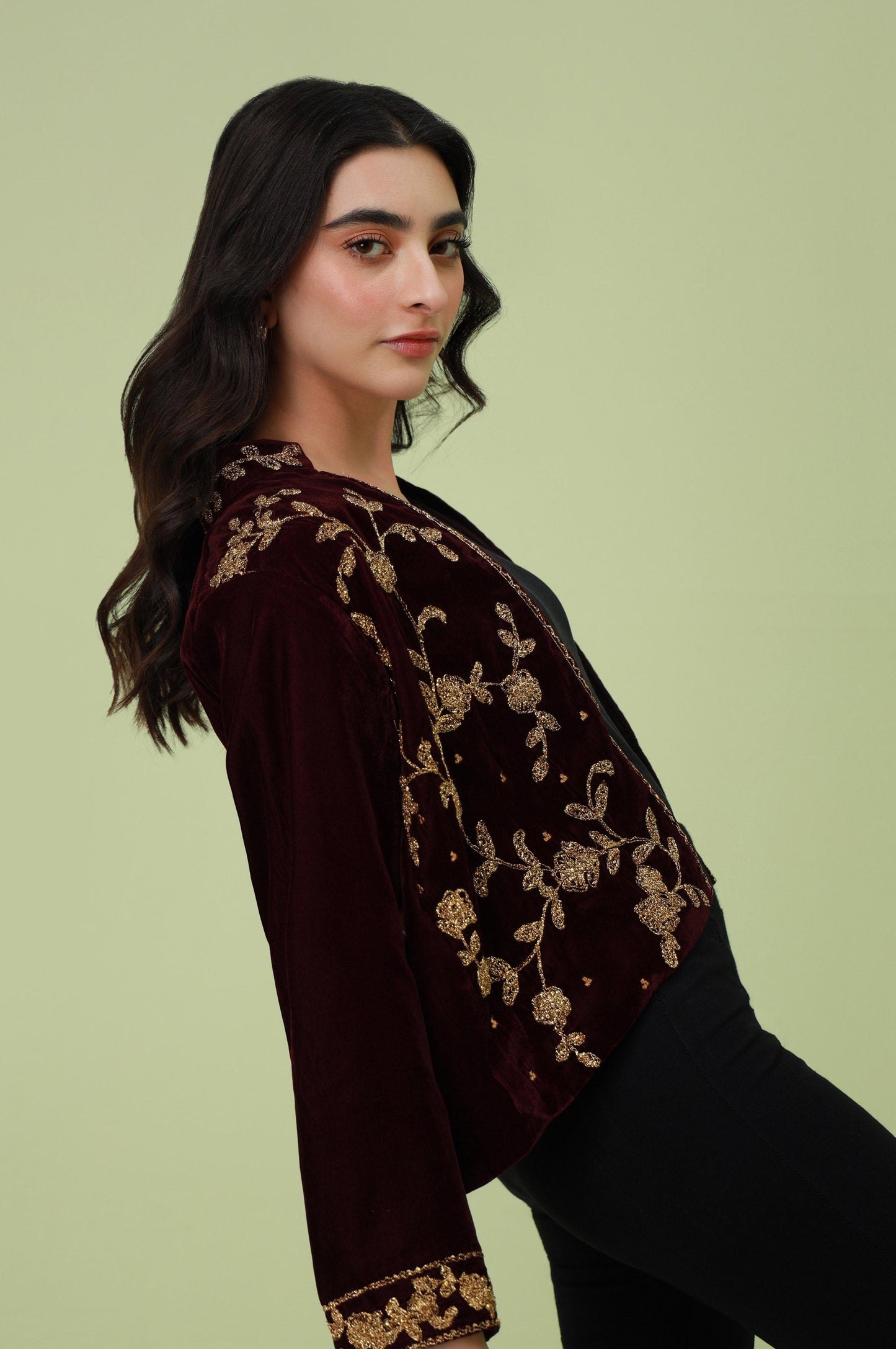 Stitched 1 Piece Embroidered Velvet Jacket - Purple