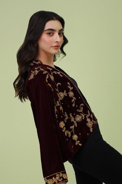 Stitched 1 Piece Embroidered Velvet Jacket - Purple