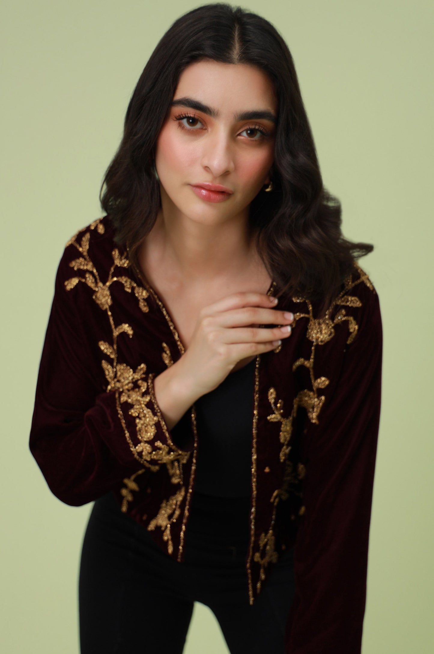 Stitched 1 Piece Embroidered Velvet Jacket - Purple