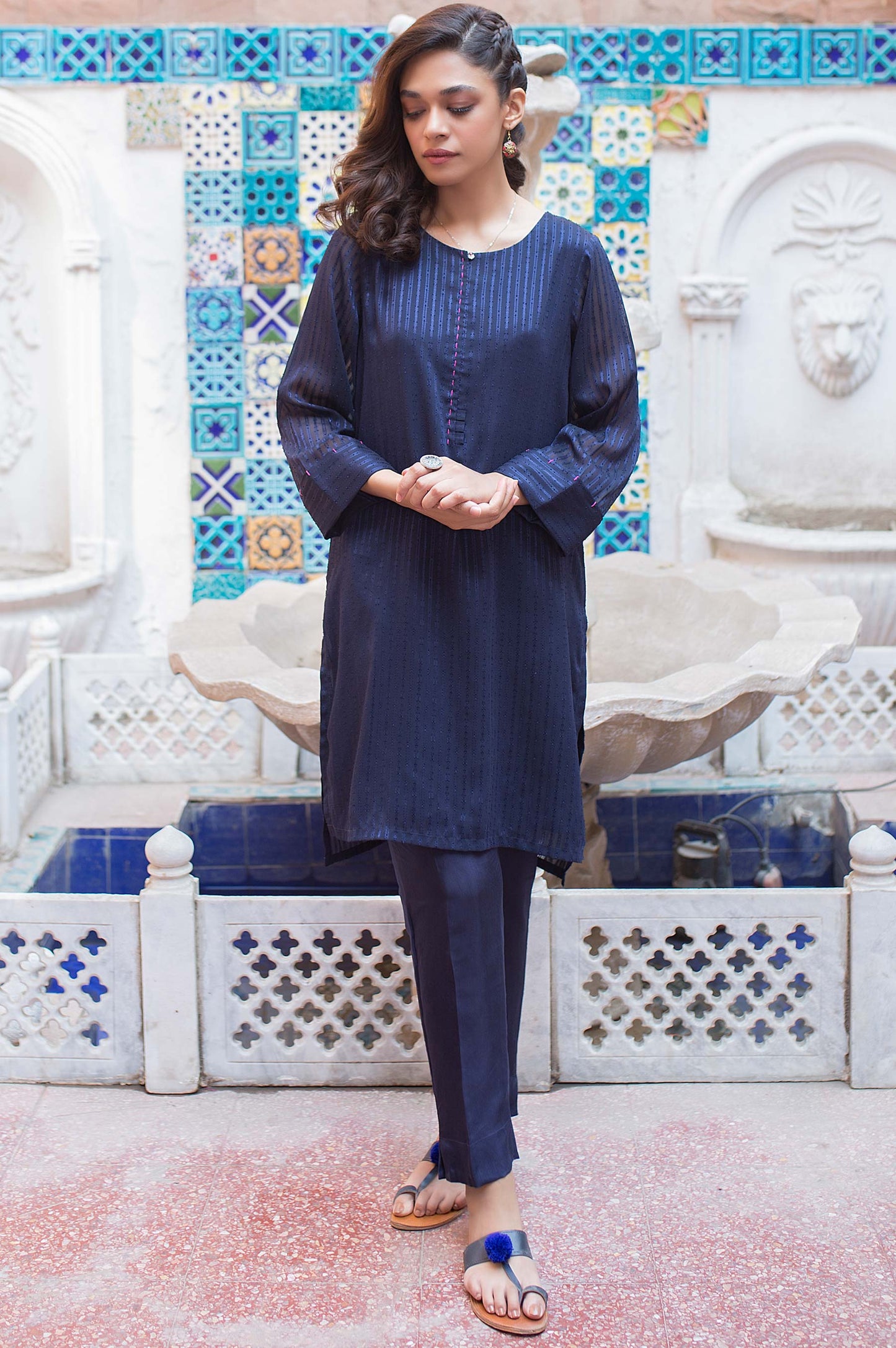 Stitched 1 Piece Stripe Georgette Shirt