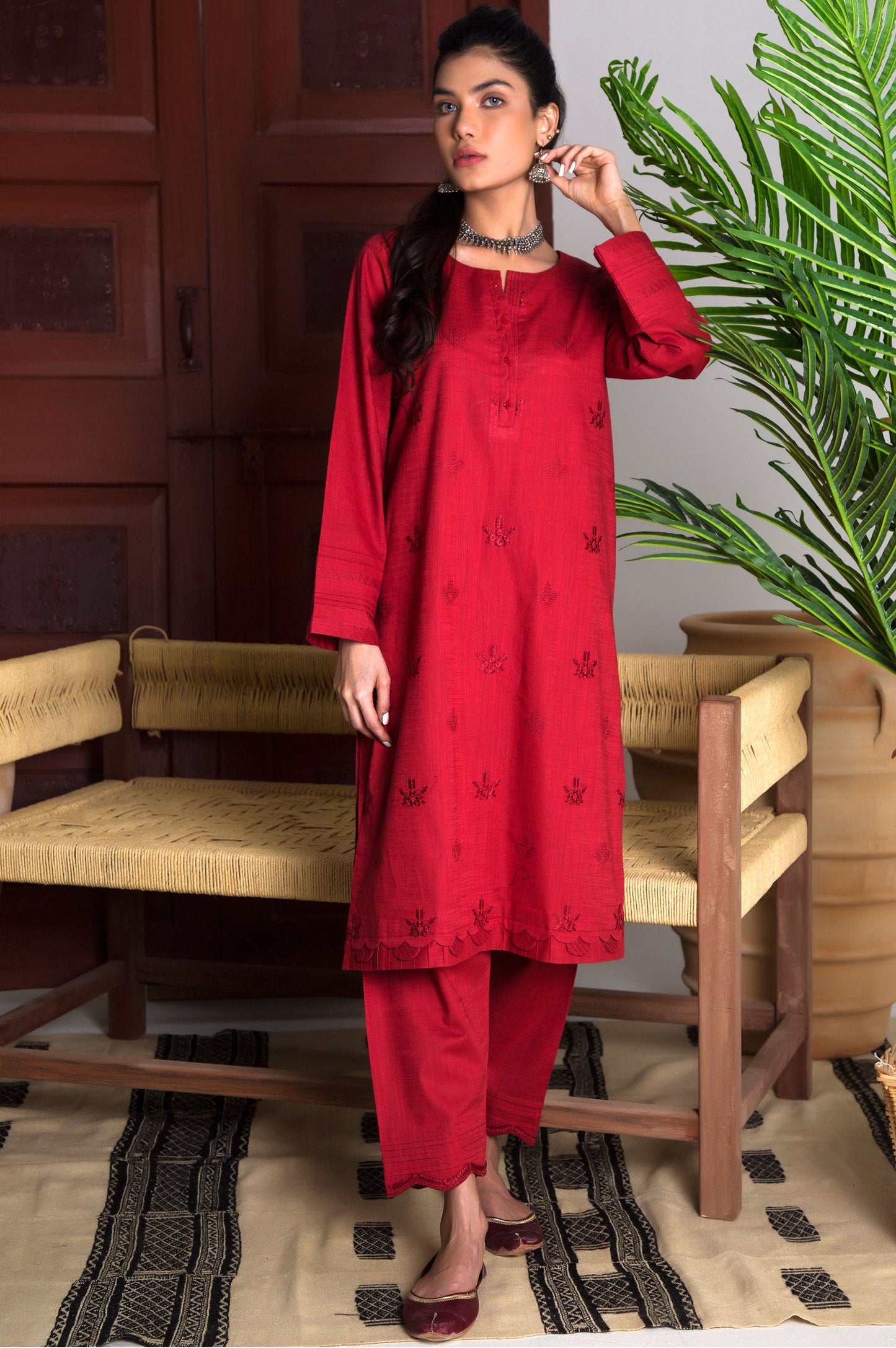 Stitched 2 Piece Embroidered Cotton Slub Suit