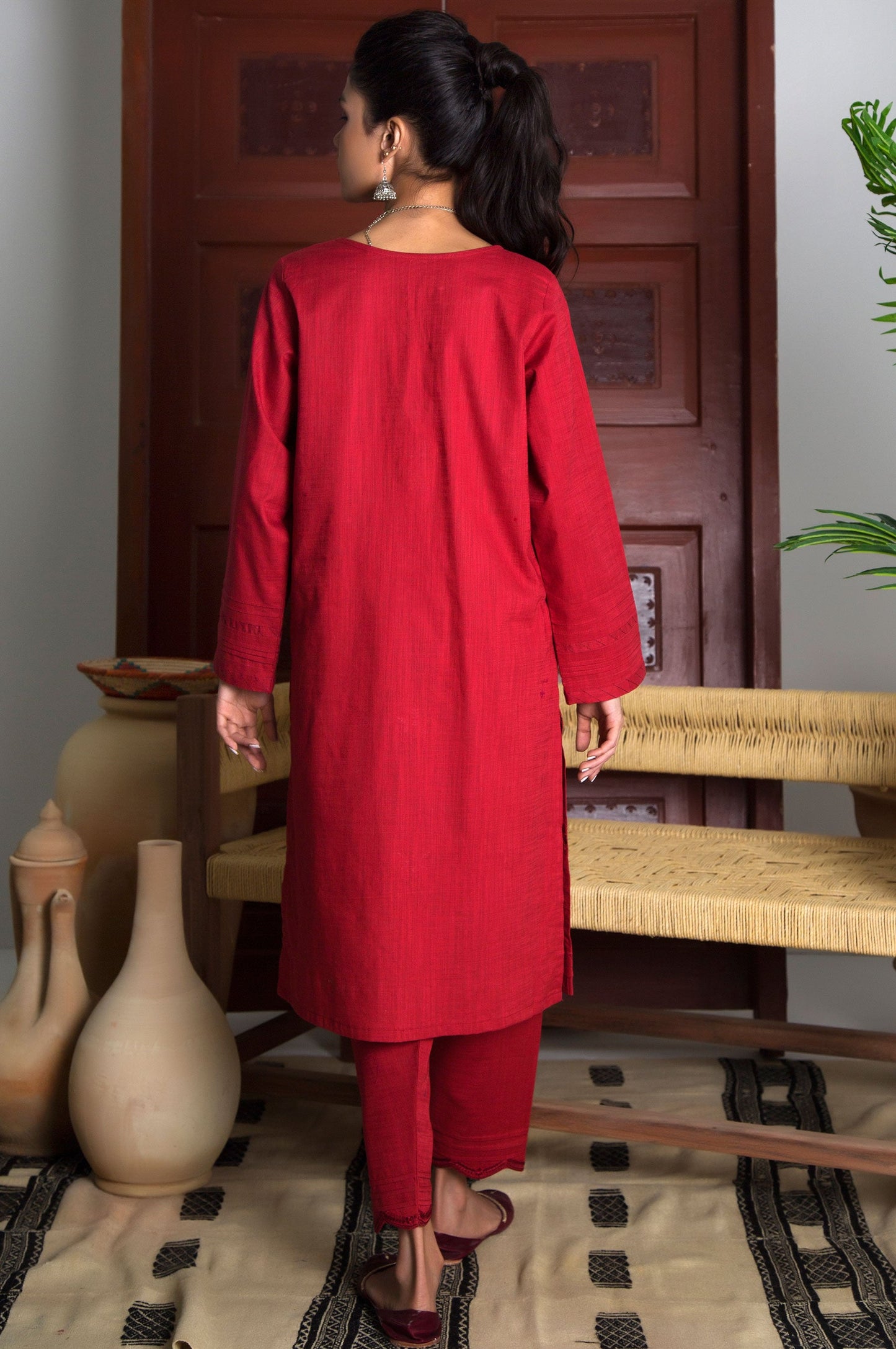 Stitched 2 Piece Embroidered Cotton Slub Suit