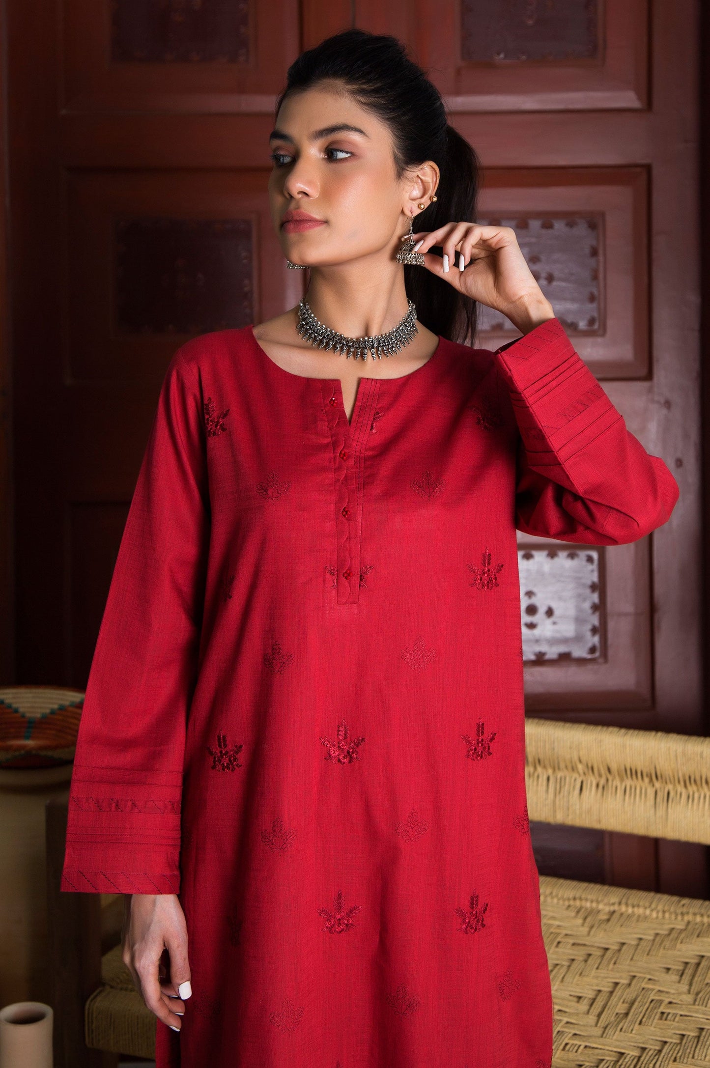 Stitched 2 Piece Embroidered Cotton Slub Suit