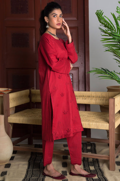 Stitched 2 Piece Embroidered Cotton Slub Suit