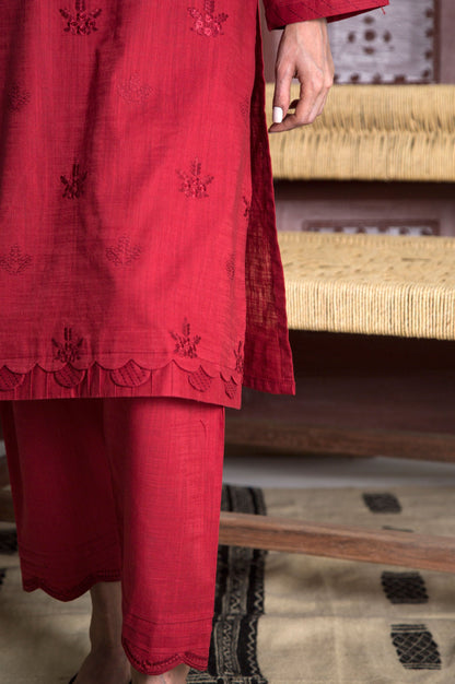 Stitched 2 Piece Embroidered Cotton Slub Suit