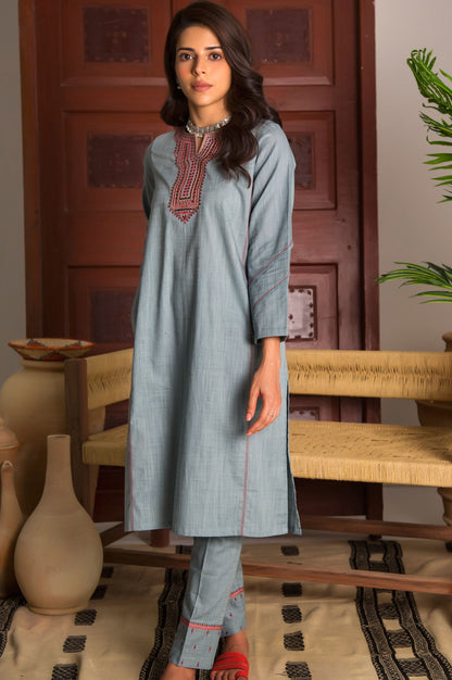 Stitched 2 Piece Embroidered Cotton Slub Suit