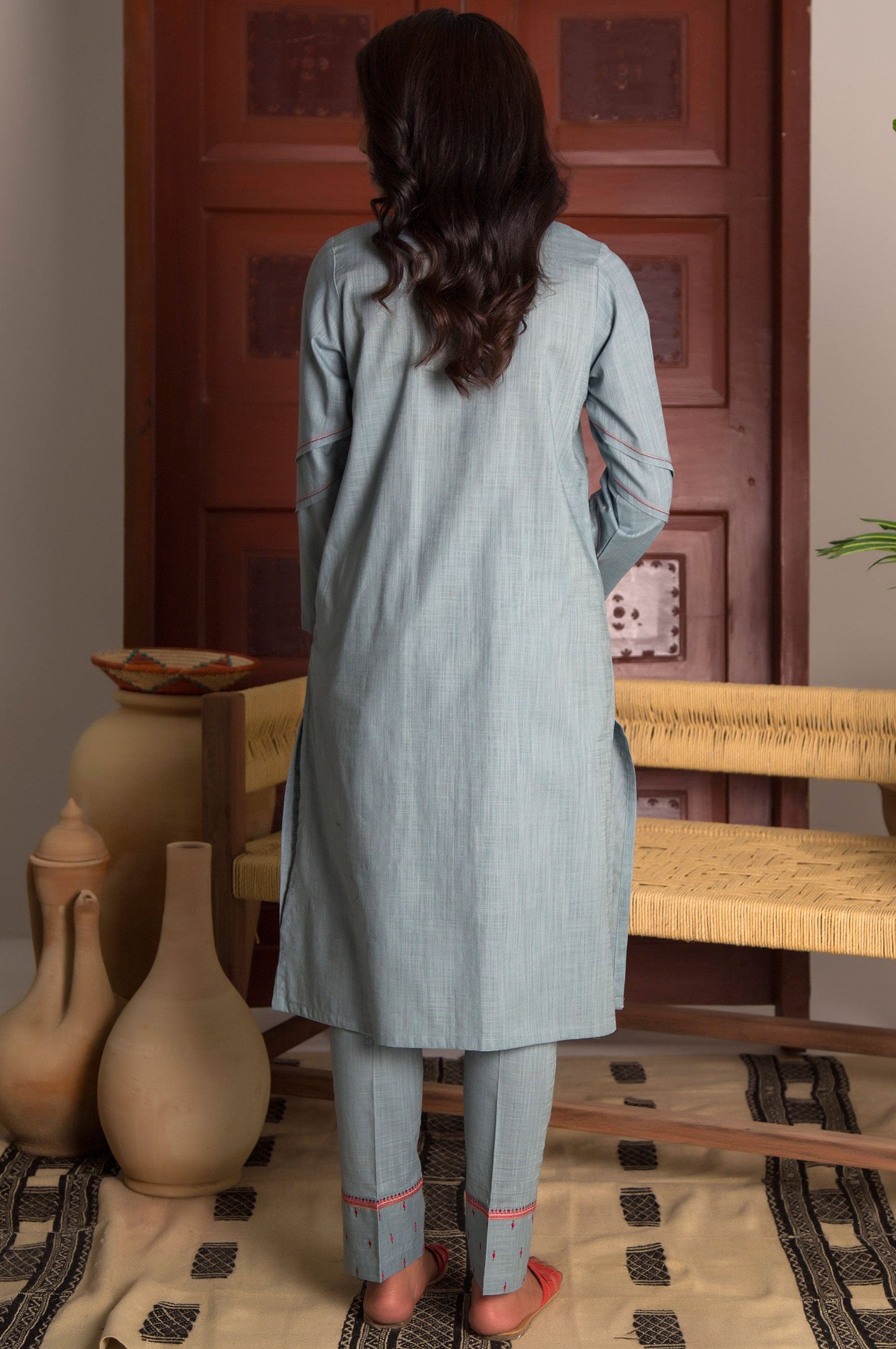 Stitched 2 Piece Embroidered Cotton Slub Suit