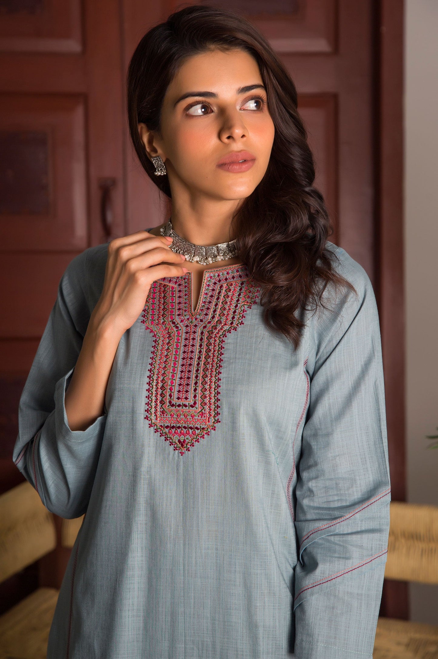 Stitched 2 Piece Embroidered Cotton Slub Suit