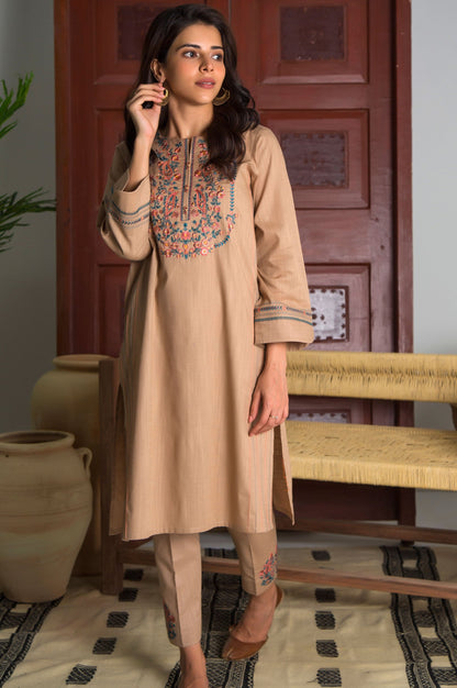 Stitched 2 Piece Embroidered Cotton Slub Suit