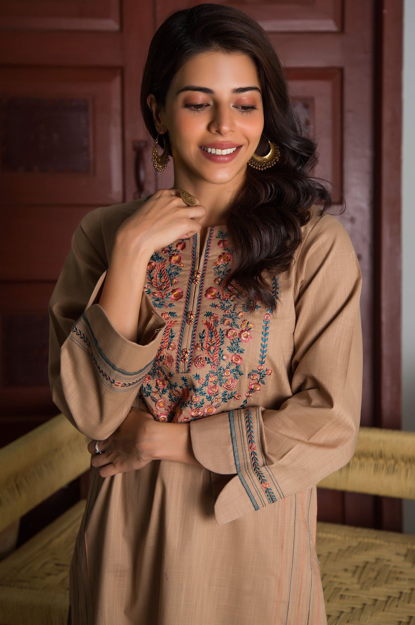 Stitched 2 Piece Embroidered Cotton Slub Suit