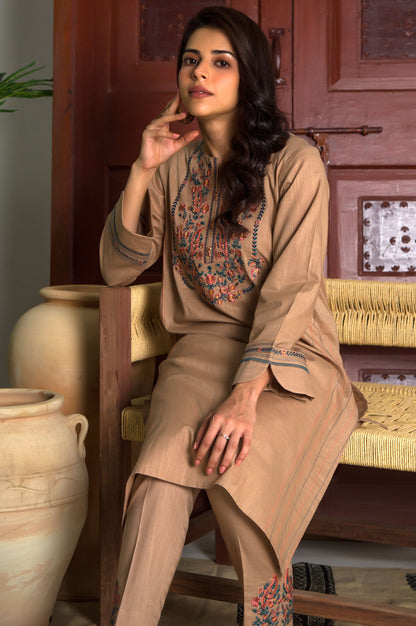 Stitched 2 Piece Embroidered Cotton Slub Suit