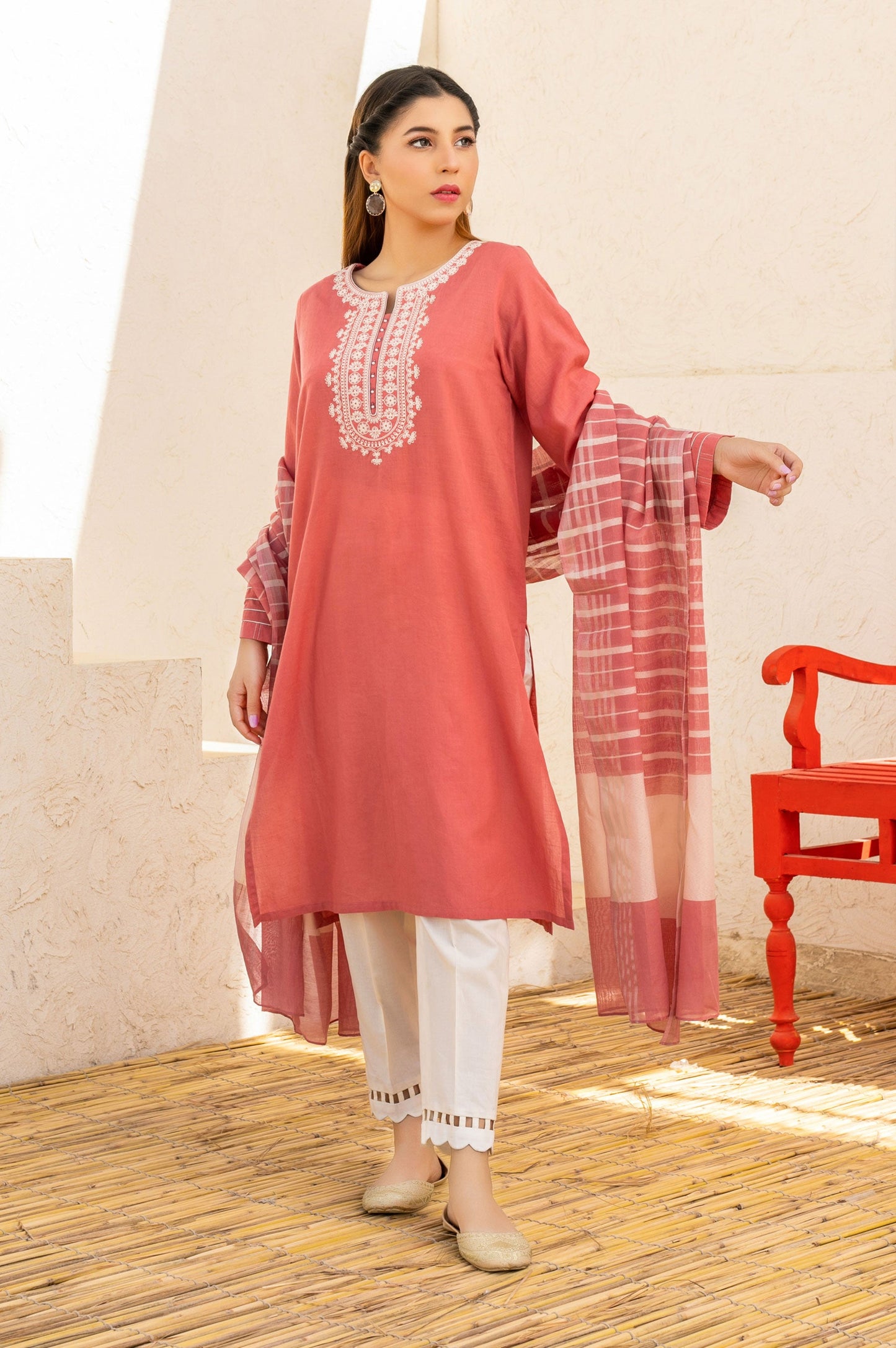 Stitched 2 Piece Embroidered Cotton Slub & Yarn Dyed Suit