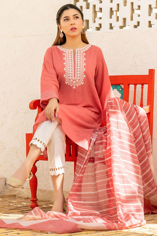 Stitched 2 Piece Embroidered Cotton Slub & Yarn Dyed Suit