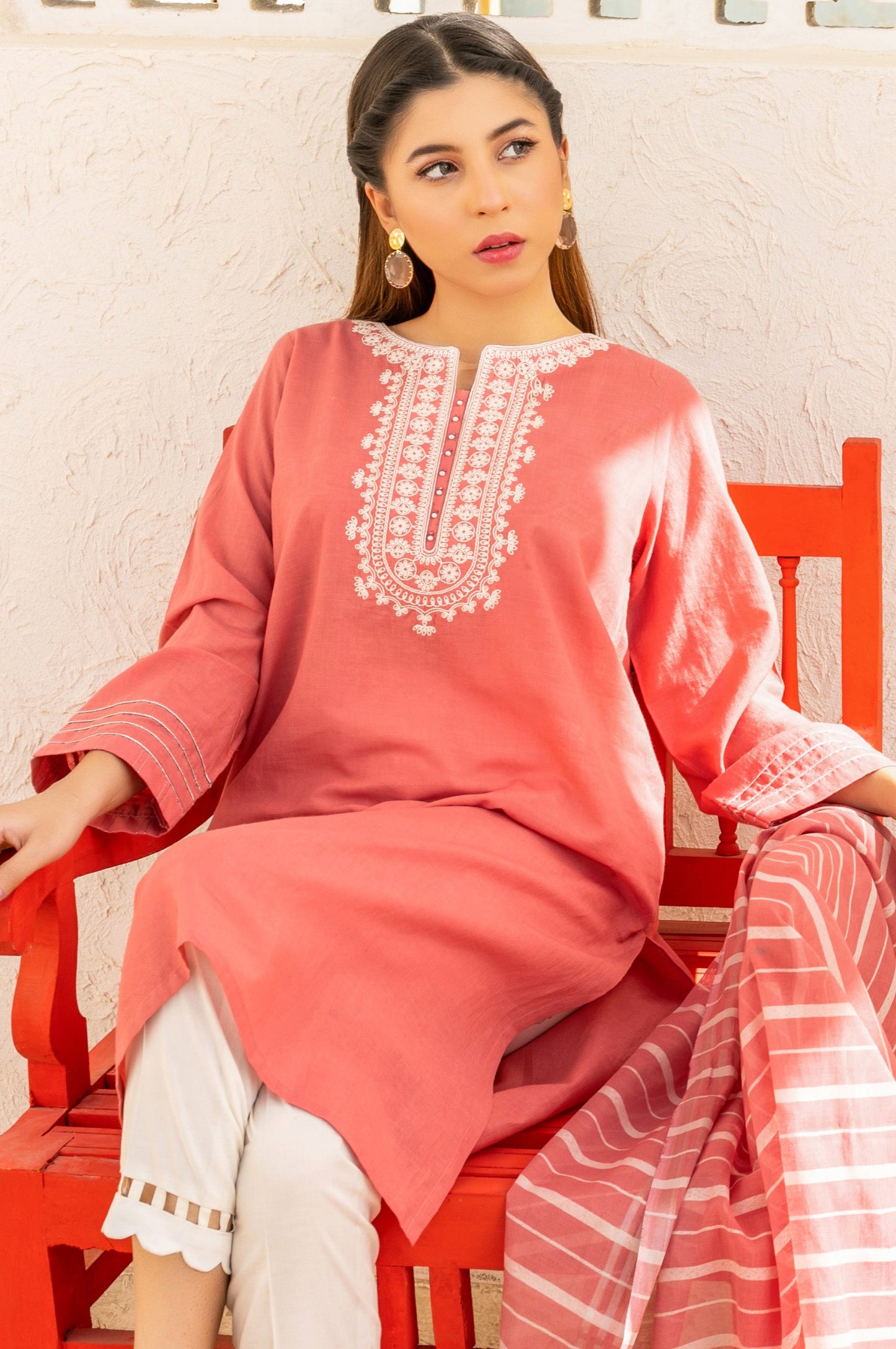 Stitched 2 Piece Embroidered Cotton Slub & Yarn Dyed Suit