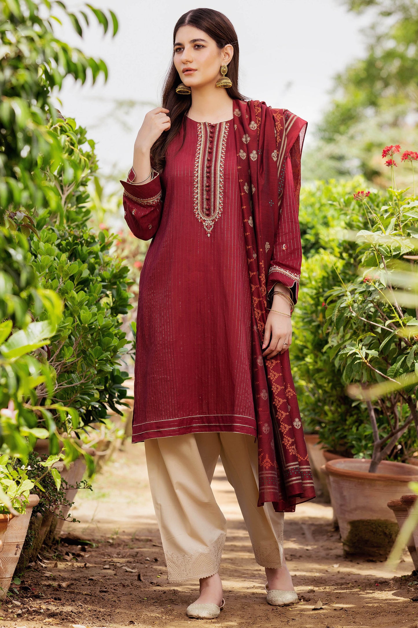 Stitched 2 Piece Embroidered Zari Stripe Suit