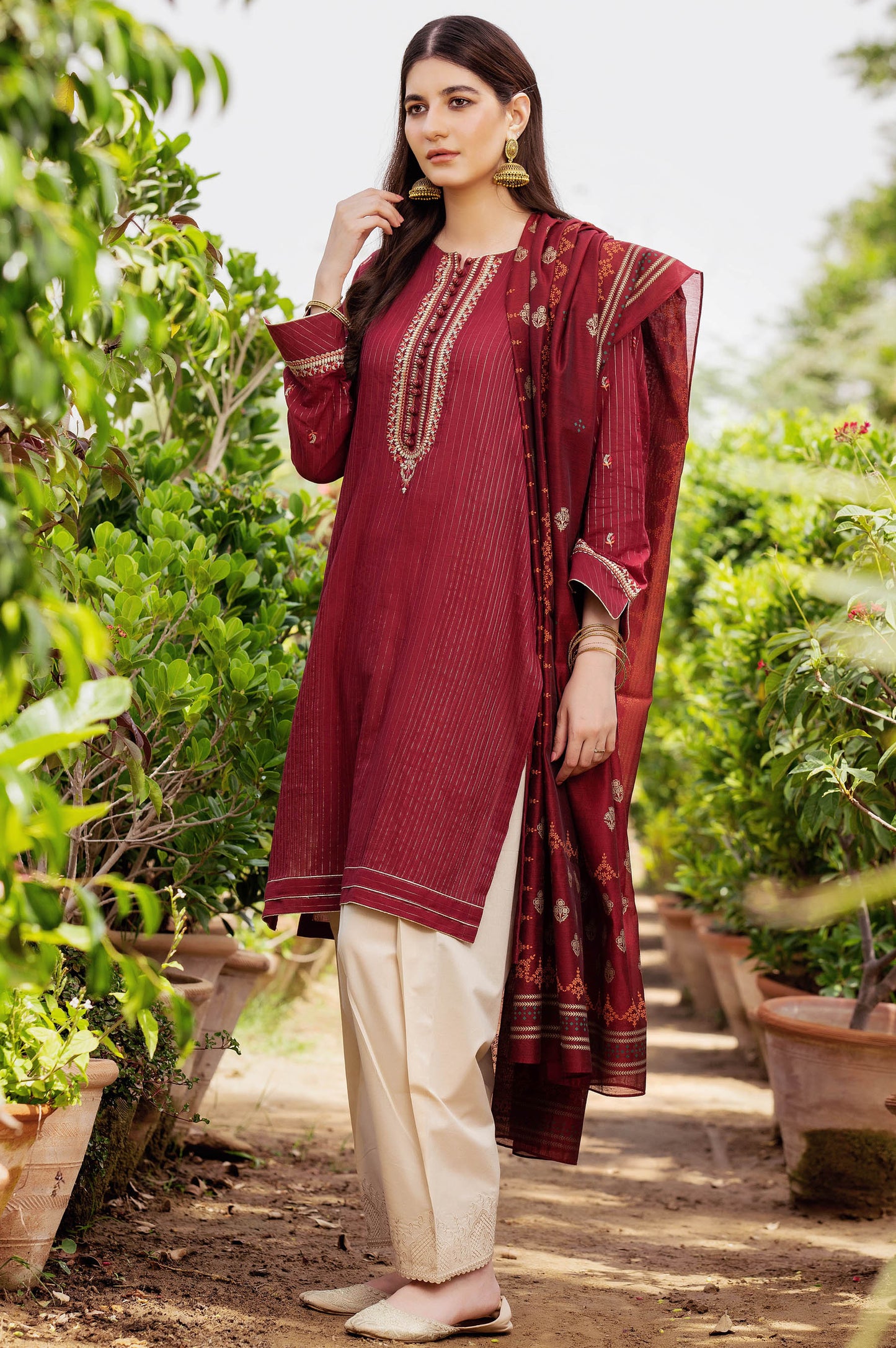 Stitched 2 Piece Embroidered Zari Stripe Suit