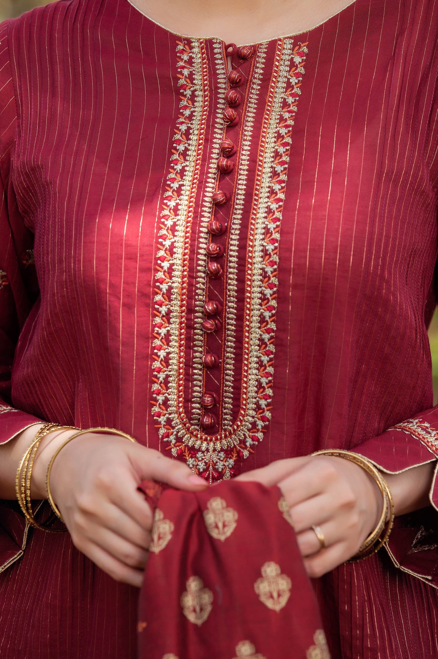 Stitched 2 Piece Embroidered Zari Stripe Suit