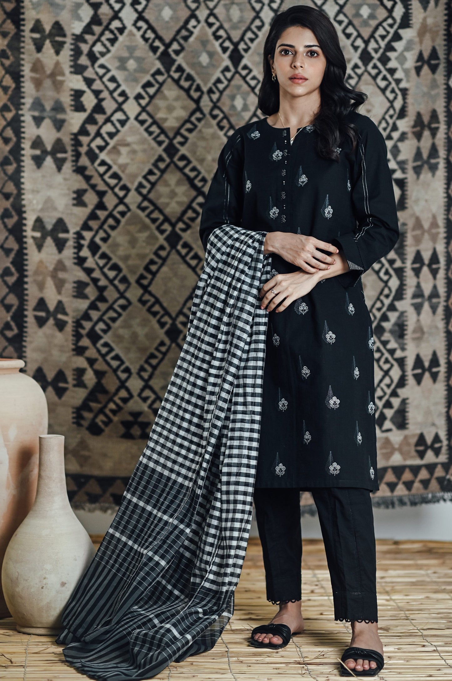 Stitched 2 Piece Embroidered Cotton Slub Suit