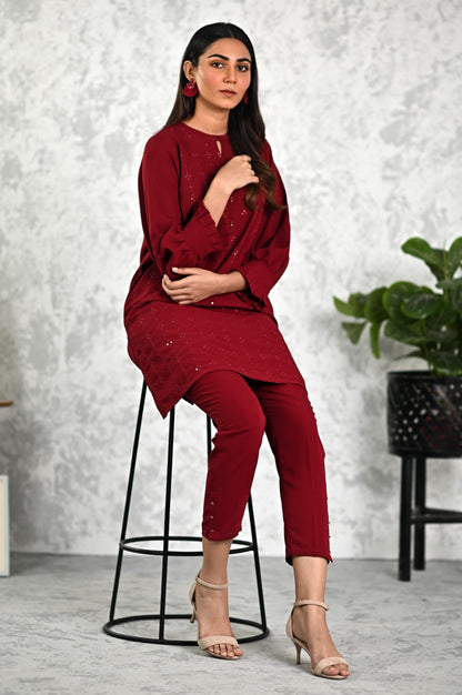 Stitched 2 Piece Embroidered Crepe Shirt & Bottom