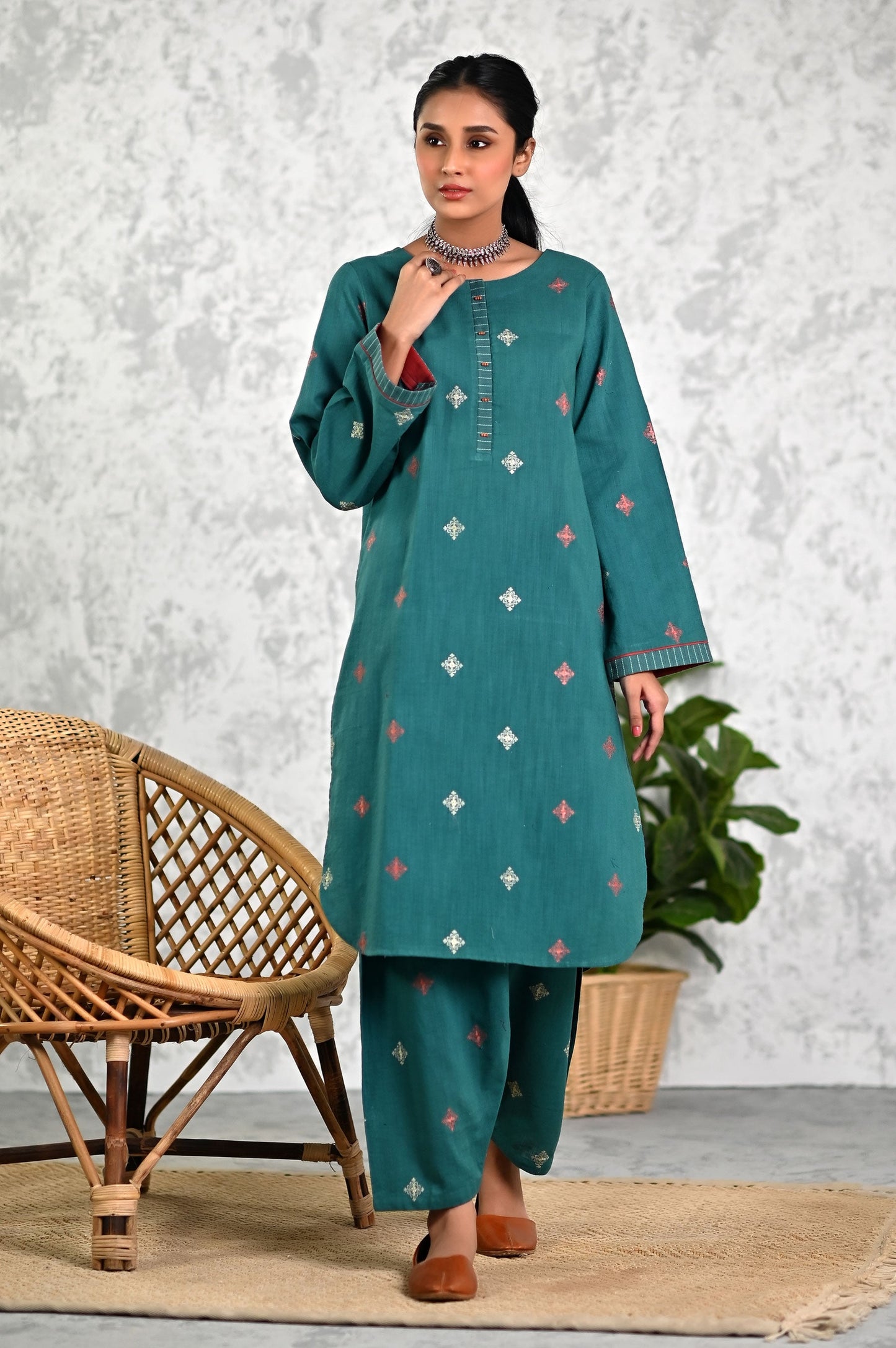 Stitched 2 Piece Embriodered Khaddar Shirt & Bottom