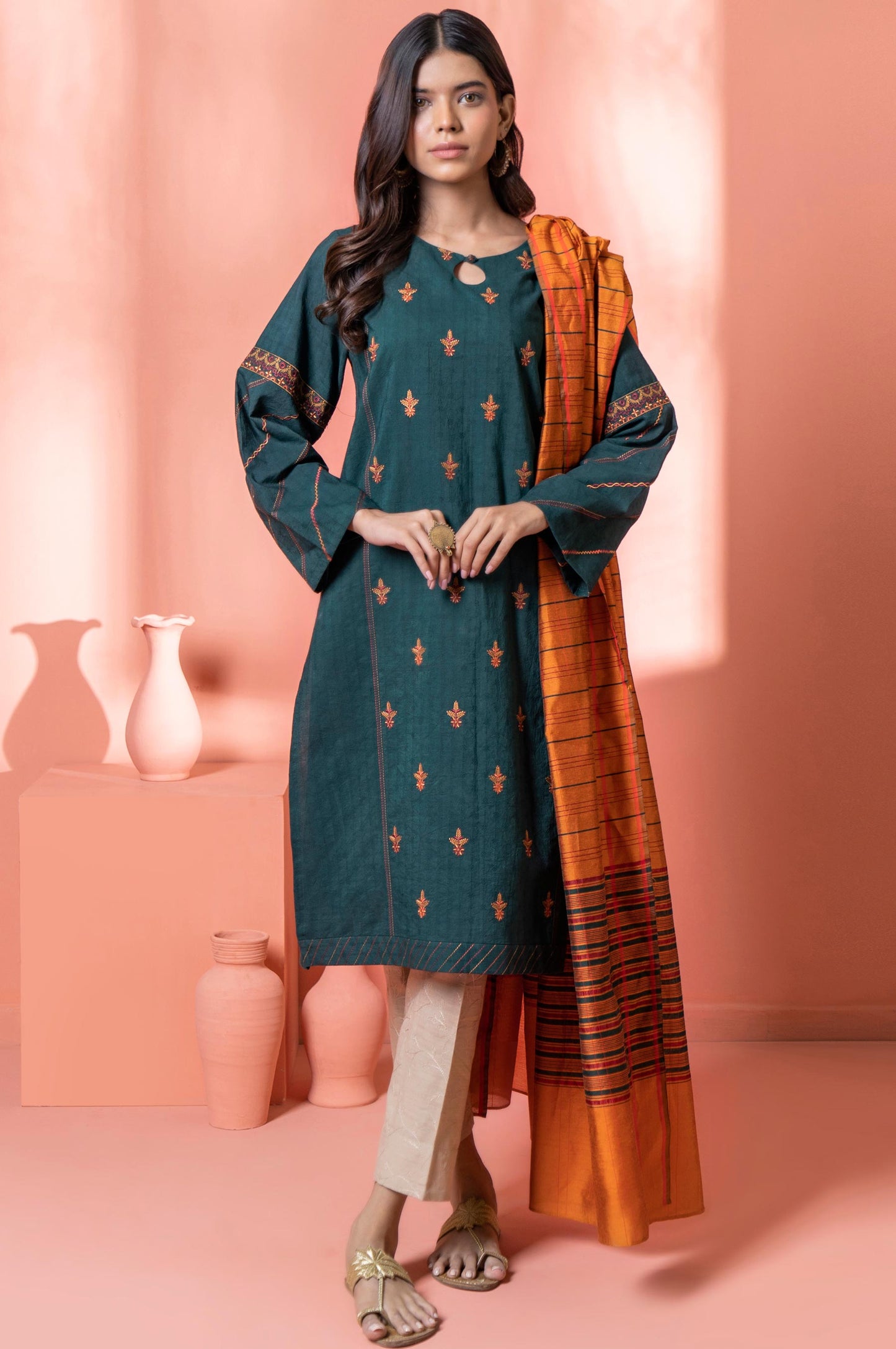 Stitched 2 Piece Embroidered Dobby Shirt With Dupatta