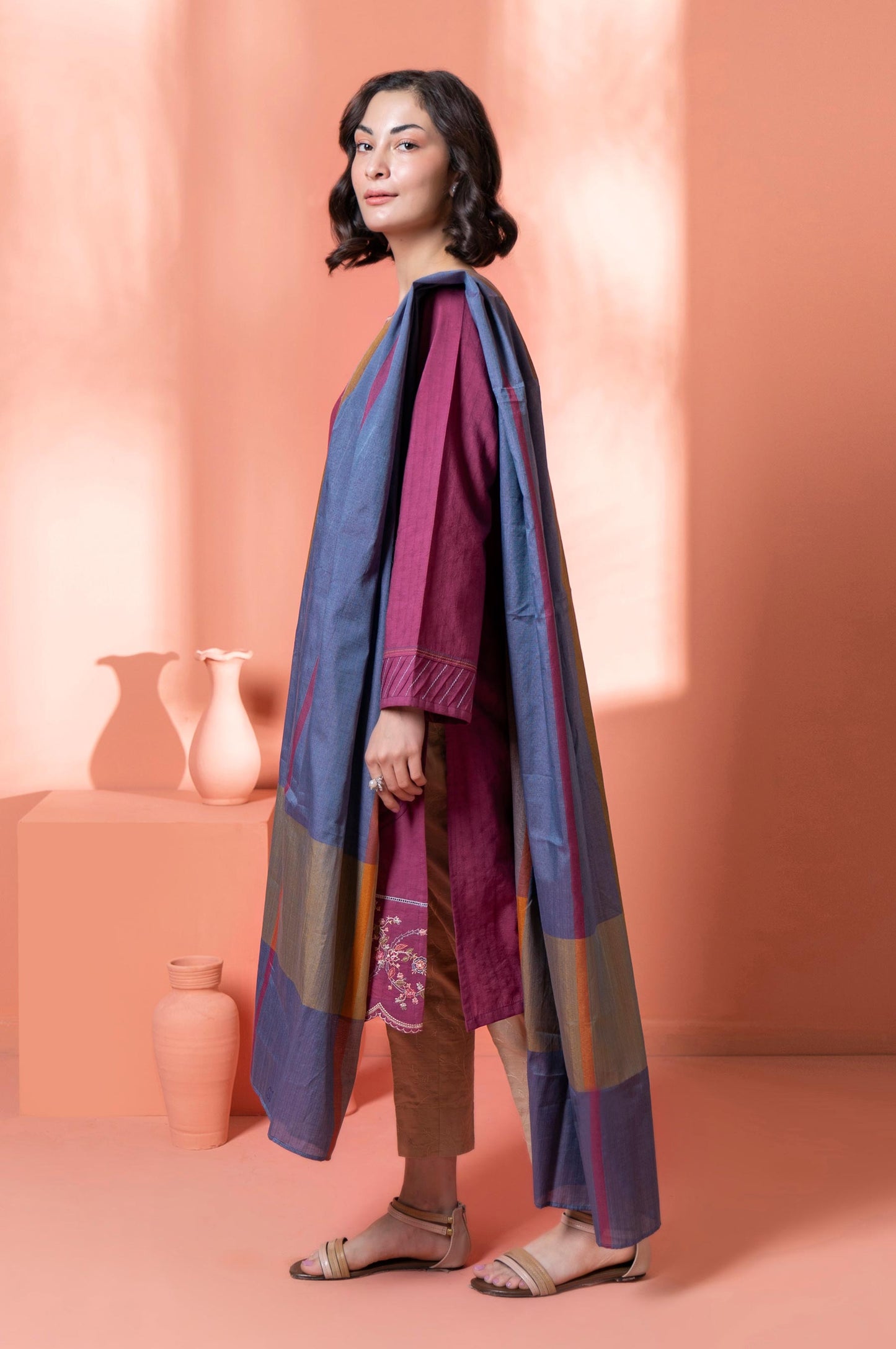 Stitched 2 Piece Embroidered Dobby Shirt With Dupatta