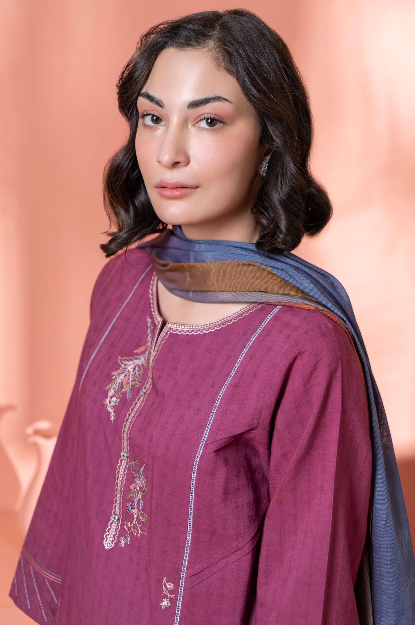 Stitched 2 Piece Embroidered Dobby Shirt With Dupatta