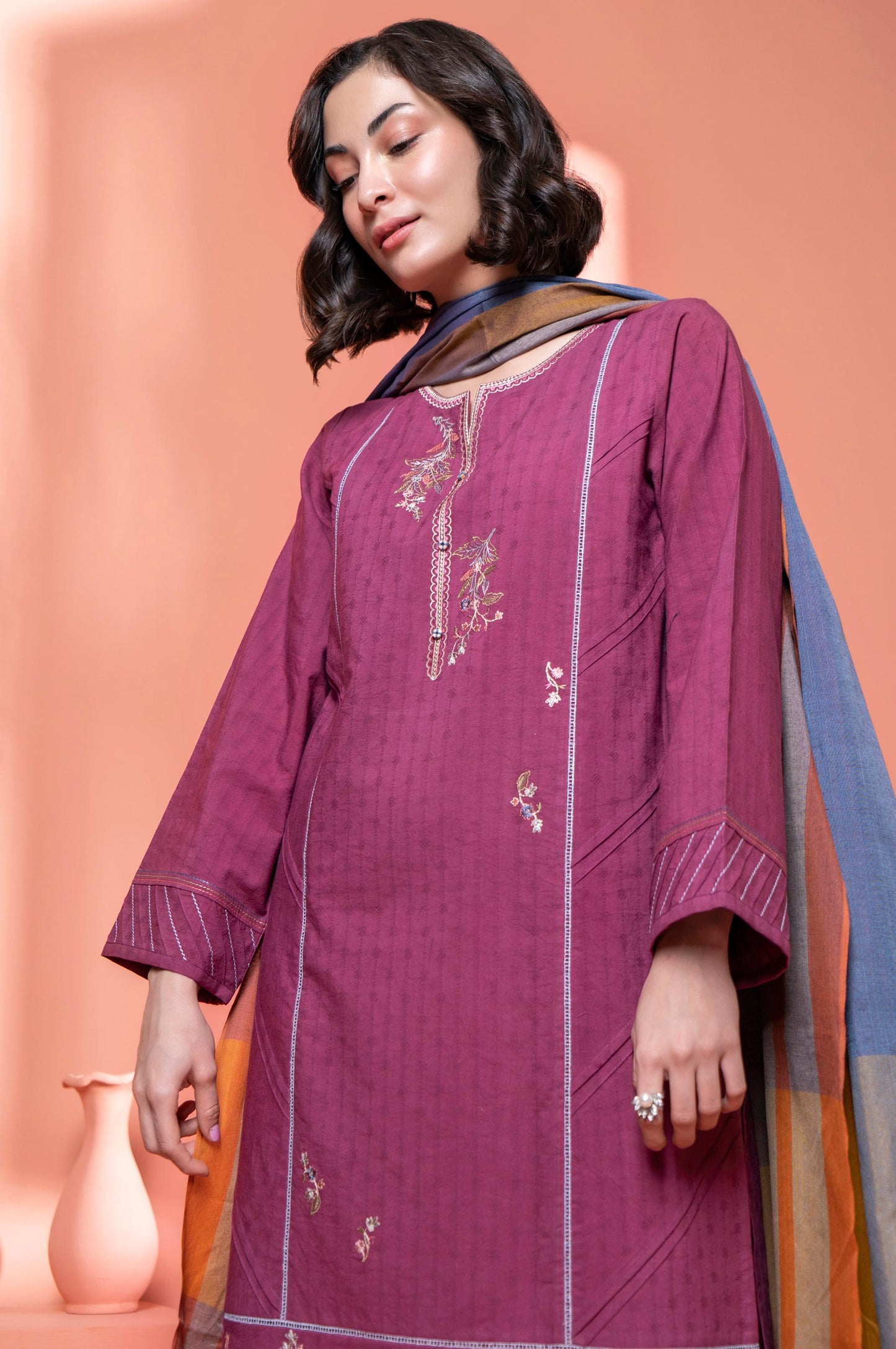 Stitched 2 Piece Embroidered Dobby Shirt With Dupatta