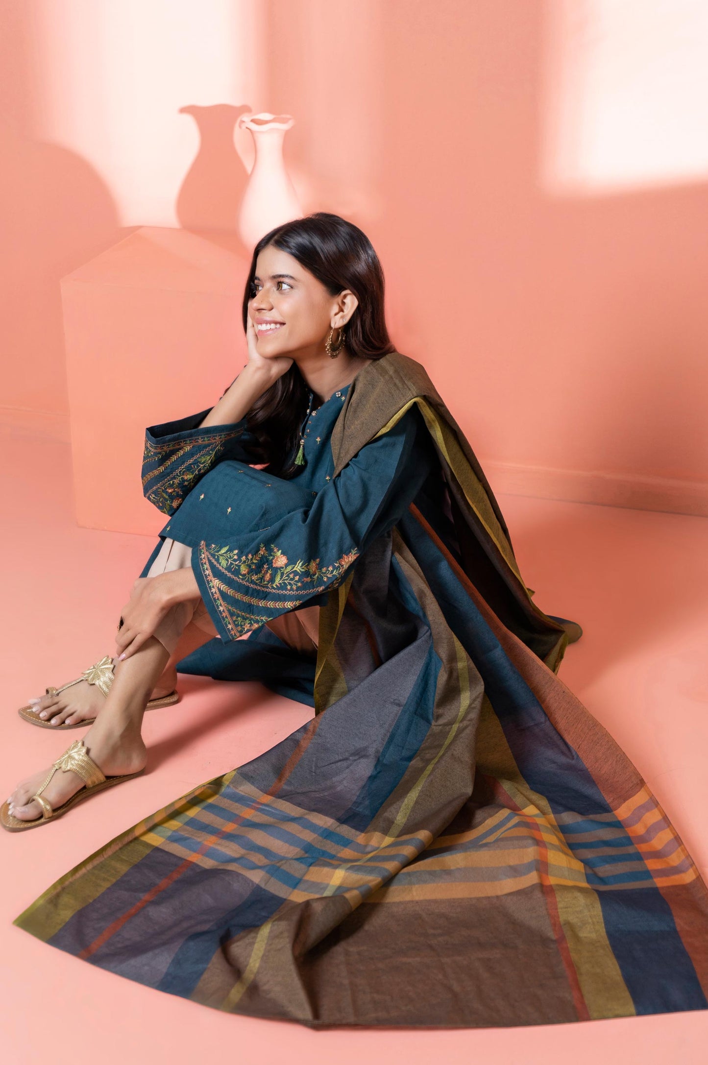 Stitched 2 Piece Embroidered Dobby Shirt With Dupatta