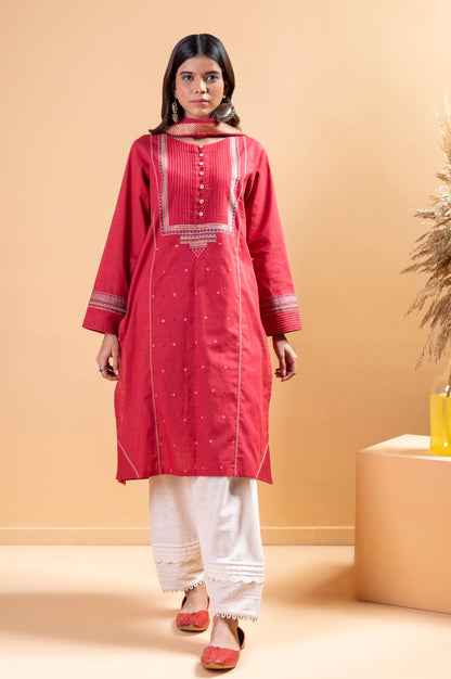 Stitched 2 Piece Embroidered Cotton Slub Shirt With Dupatta