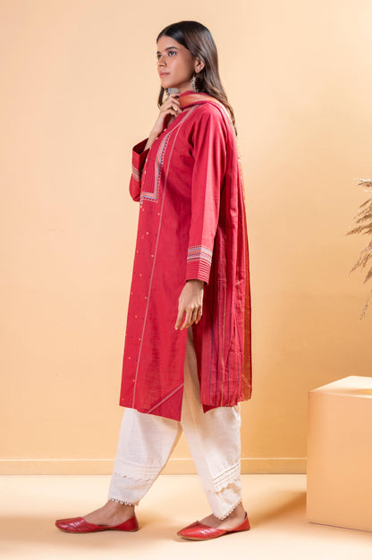 Stitched 2 Piece Embroidered Cotton Slub Shirt With Dupatta