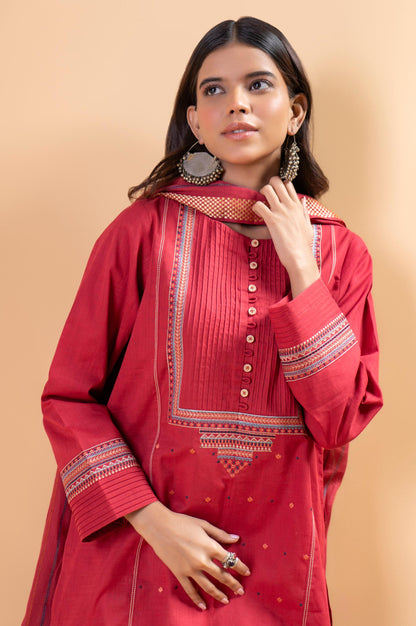 Stitched 2 Piece Embroidered Cotton Slub Shirt With Dupatta