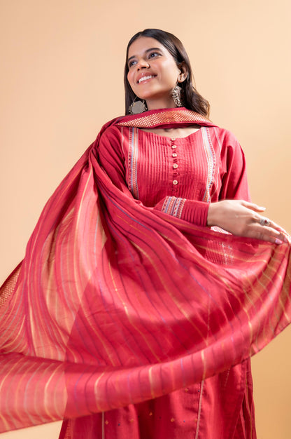 Stitched 2 Piece Embroidered Cotton Slub Shirt With Dupatta