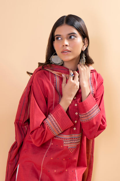 Stitched 2 Piece Embroidered Cotton Slub Shirt With Dupatta